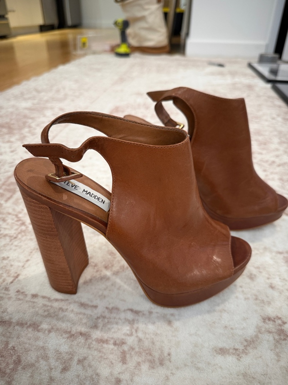 Steve Madden Cognac Leather Peep-Toe Slingback Platform Heels
